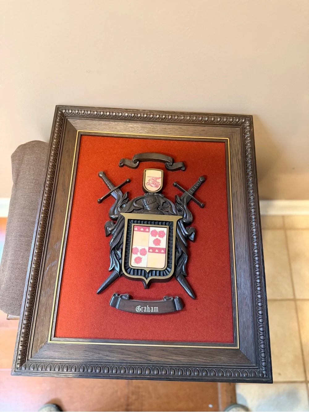 Graham Family Crest Framed Wall Plaque in Rust Red